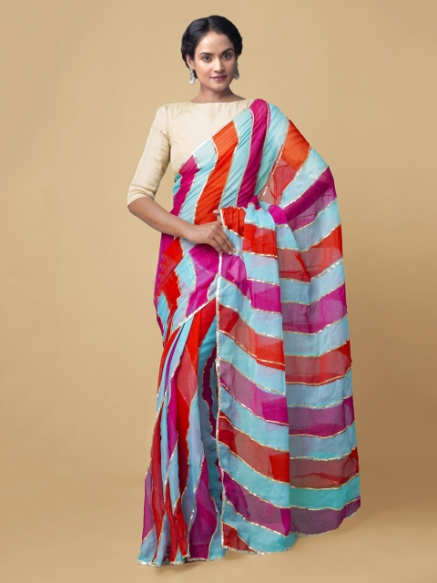

Unnati Silks Multi Striped Gotta Patti Poly Chiffon Baluchari Saree