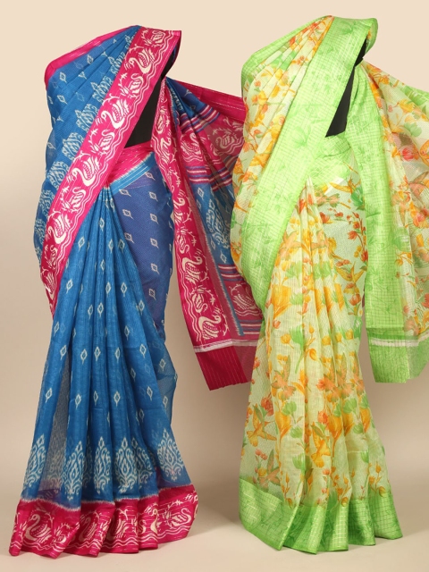 Pothys Pack Of 2 Blue & Green Floral Jute Silk Saree