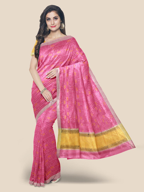 

KLM Fashion Mall Pink Linen Blend Printed Saree
