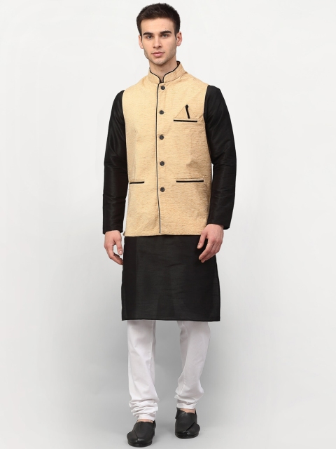 

Jompers Men Black & White Dupion Silk Kurta with Churidar & Nehru Jacket