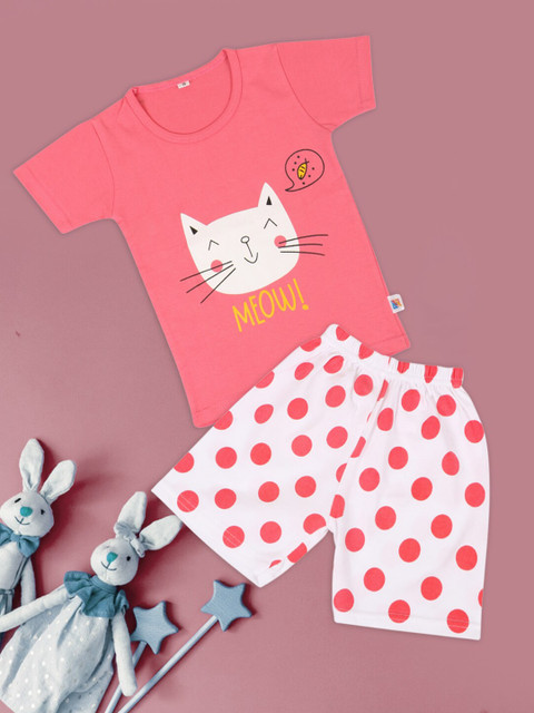 

Fashitale Kids Pink & White Printed Cotton Top with Shorts