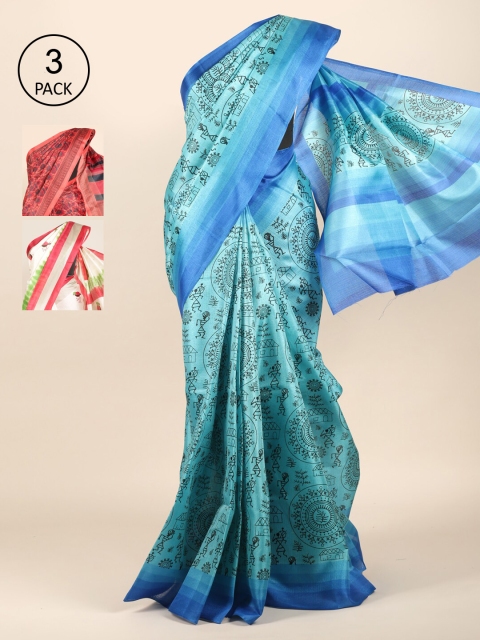 

Pothys Blue Checked Pack of 3 Zardozi Jute Silk Saree