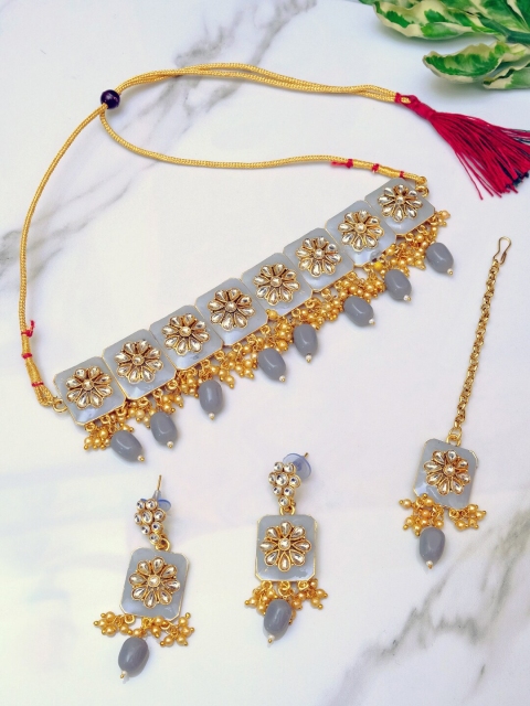 

Crunchy Fashion White & Grey Kundan-Studded & Beaded Antique Jewellery Set, Gold