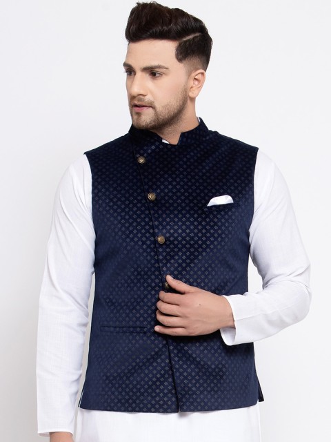 

MAXENCE Men Navy Blue Woven-Design Cotton Slim-Fit Nehru Jacket