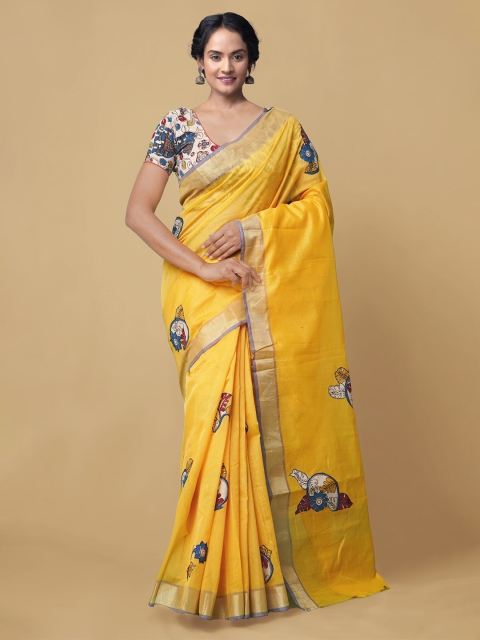

Unnati Silks Yellow Kalamkari Silk Cotton Chanderi Saree