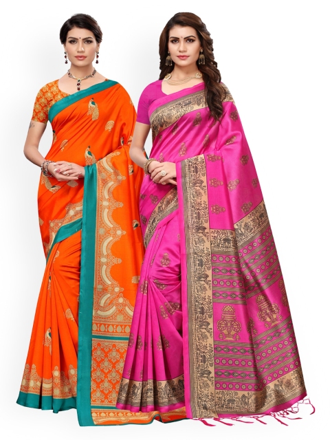

KALINI Pink & Orange Pack of 2 Ethnic Motifs Art Silk Sarees