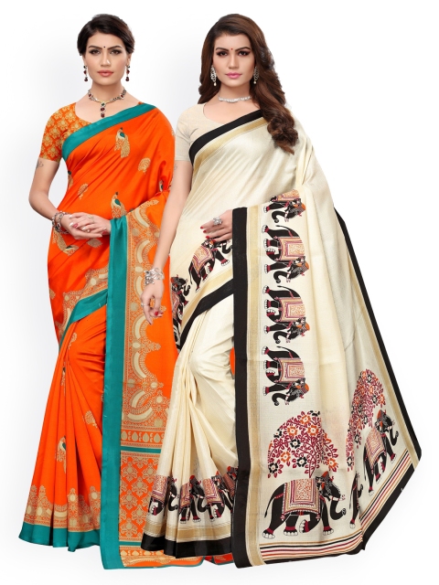 

KALINI Pack Of 2 White & Orange Ethnic Motifs Art Silk Saree