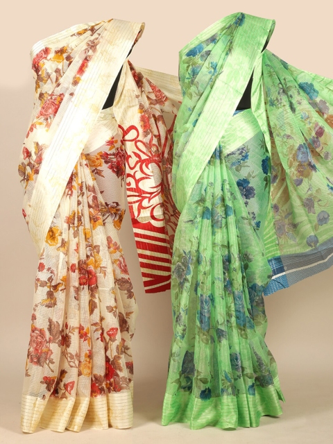 

Pothys Pack Of 2 Cream & Green Floral Jute Silk Saree