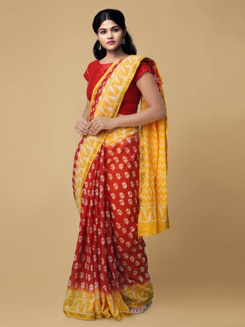 

Unnati Silks Red & Yellow Block Printed Zari Pure Cotton Saree