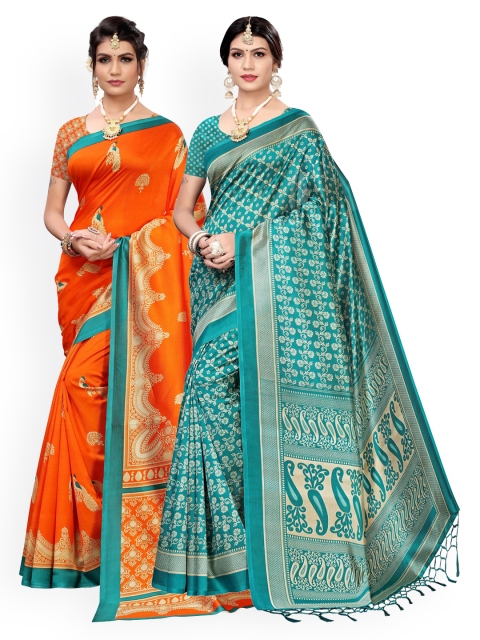 

KALINI Sea Green & Orange Pack of 2 Woven Design Art Silk Saree