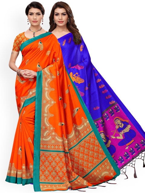 

KALINI Pack Of 2 Blue & Orange Woven Design Zari Art Silk Heavy Work Saree