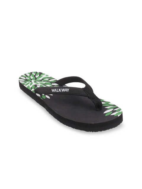 

WALKWAY Women Black & Green Printed Thong Flip-Flops