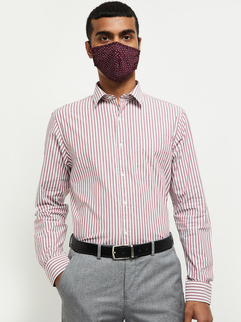 

max Men Coral Red & White Slim Fit Striped Cotton Formal Shirt With Mask