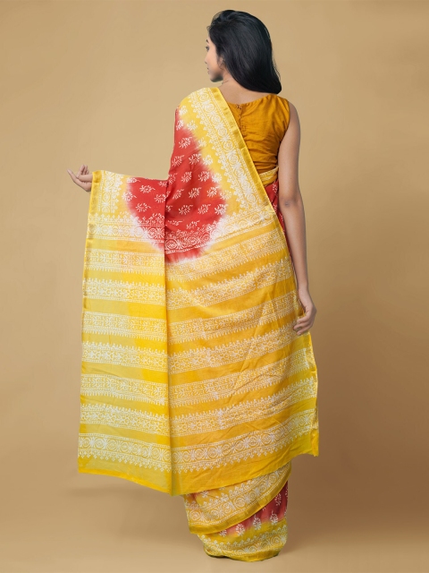 

Unnati Silks Red & Yellow Ethnic Motifs Pure Cotton Block Print Saree