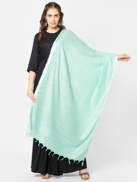 

Dupatta Bazaar Women Sea Green & Gold-Toned Solid Linen Dupatta With Tassels & Zari