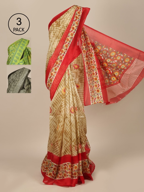 

Pothys Pack Of 3 Cream & Green Ethnic Motifs Jute Silk Saree