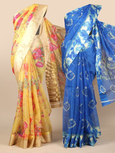 

Pothys Pack of 2 Yellow & Blue Floral Jute Silk Saree