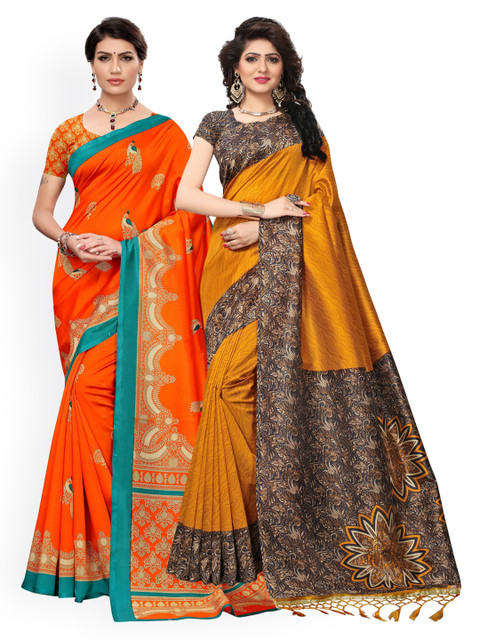 

KALINI Pack of 2 Yellow & Orange Ethnic Motifs Art Silk Saree