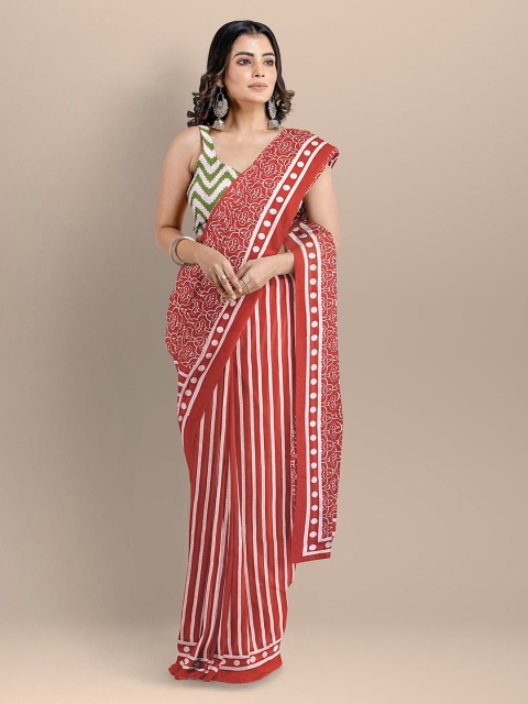 

BharatSthali Red & White Striped Pure Cotton Block Print Saree
