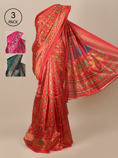 

Pothys Pack Of 3 Red & Pink Jute Silk Saree