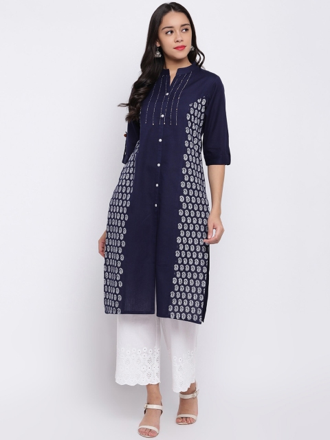 

Shakumbhari Women Blue & White Geometric Printed Thread Work Kurta
