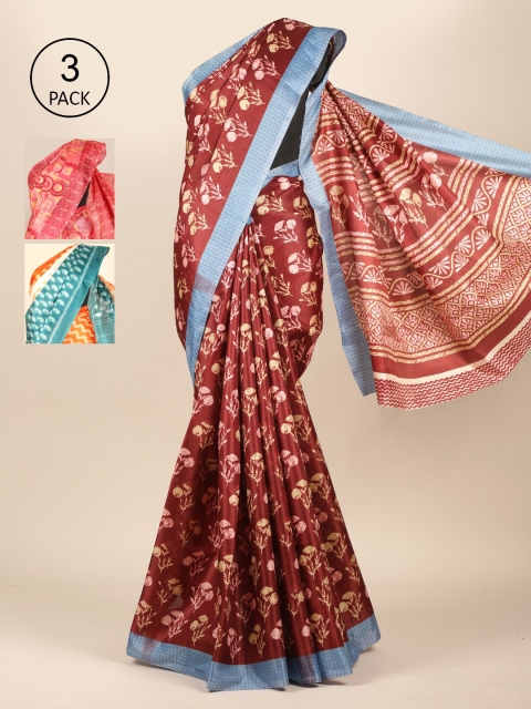 Pothys Maroon Printed Pack of 3 Zari Jute Silk Saree