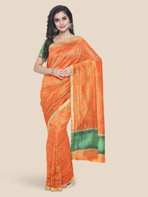 

KLM Fashion Mall Orange Woven Design Linen Blend Saree