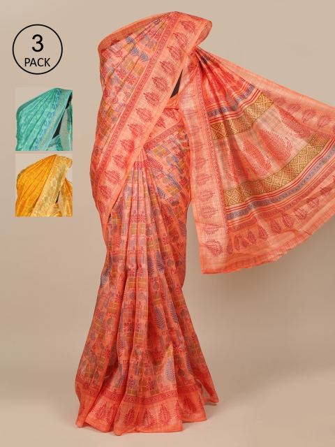 

Pothys Peach Checked Pack of 3 Zardozi Jute Silk Saree