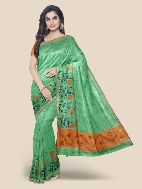 

KLM Fashion Mall Green & Orange Checked Linen Blend Saree
