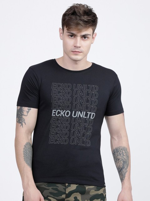 

Ecko Unltd Men Black Typography Printed Raw Edge Slim Fit T-shirt