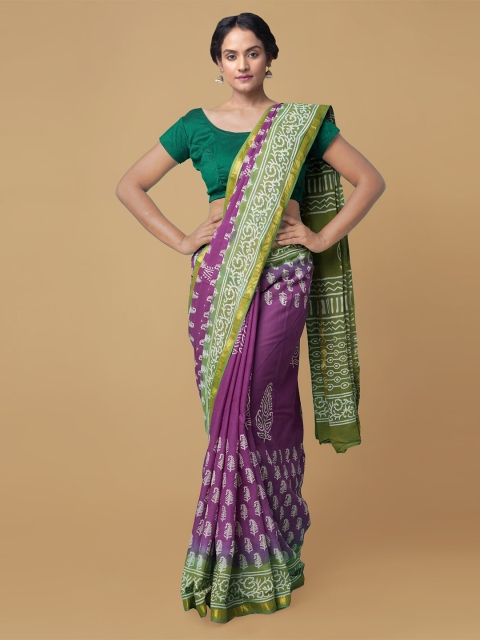 

Unnati Silks Purple Ethnic Motifs Pure Cotton Block Print Saree