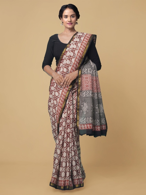 

Unnati Silks Cream & Beige Ethnic Motifs Zari Pure Cotton Handloom Bagru Saree