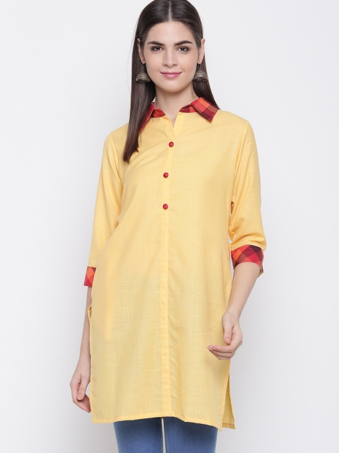 

Shakumbhari Yellow & Red Viscose Rayon Shirt Collar Tunic