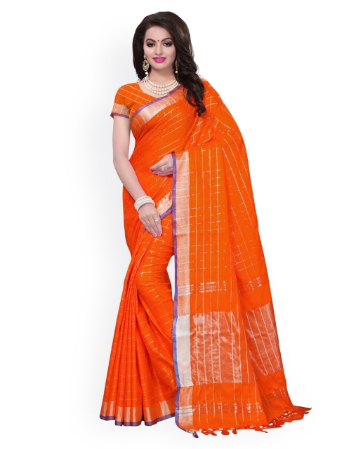 

KALINI Orange Checked Embroidered Linen Blend Saree