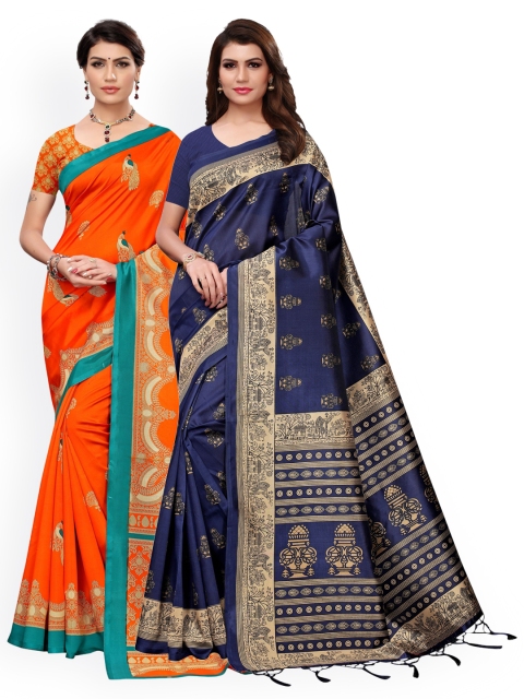 

KALINI Pack Of 2 Navy Blue & Orange Ethnic Motifs Zari Art Silk Saree