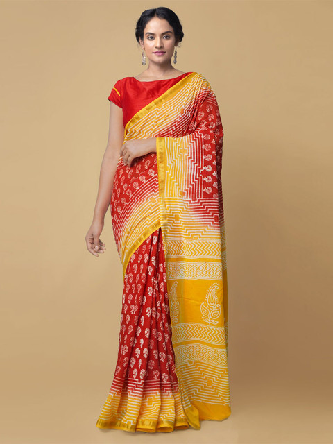 

Unnati Silks Red & Yellow Ethnic Motifs Zari Pure Cotton Block Print Saree