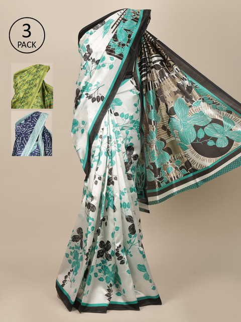 

Pothys Pack Of 3 White & Green Floral Printed Jute Silk Saree