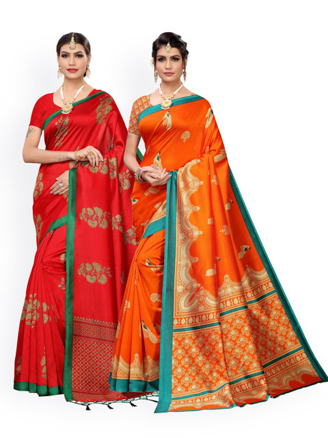 

KALINI Pack Of 2 Red & Orange Woven Design Art Silk Saree