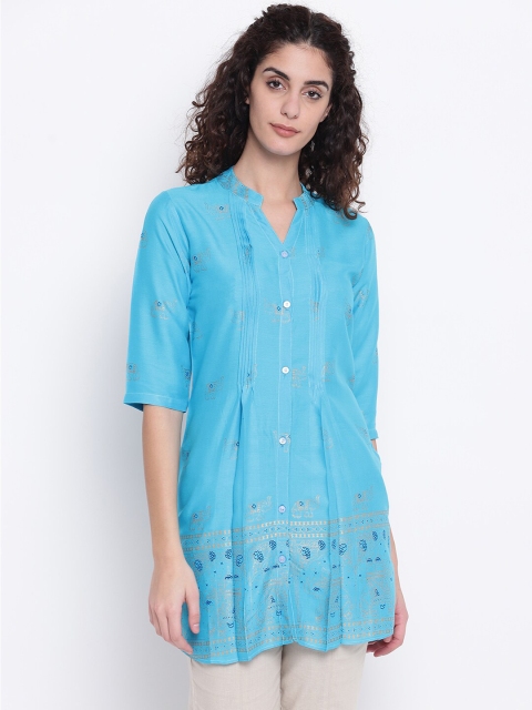 

One Femme Turquoise Blue & Gold-Toned Viscose Rayon Mandarin Collar Printed Tunic