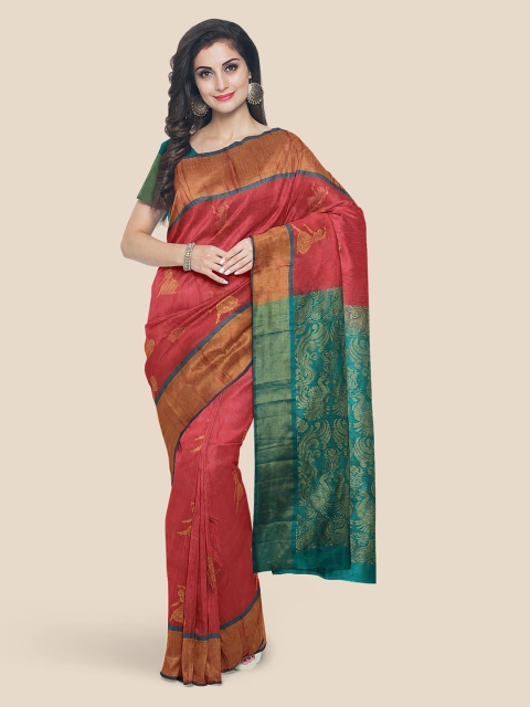 

KLM Fashion Mall Red Ethnic Motifs Zari Silk Blend Kanjeevaram Saree