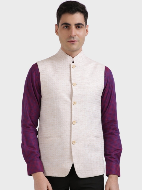 

ColorPlus Men Beige Self-Design Woven Nehru Jacket
