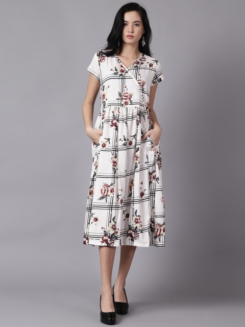 

AASI - HOUSE OF NAYO Off White & Black Floral Crepe Midi Dress