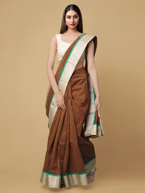 

Unnati Silks Orange & Black Checked Zari Silk Cotton Chanderi Saree