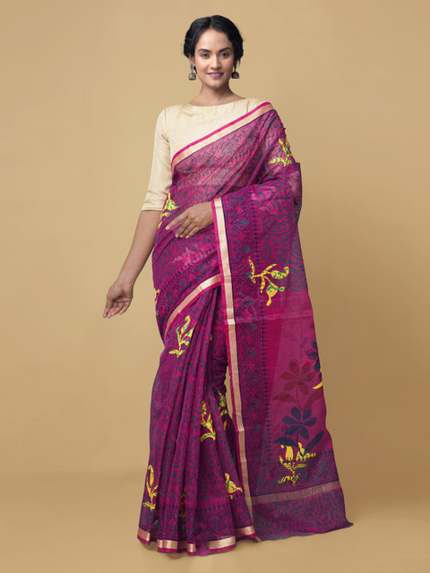 

Unnati Silks Pink & Blue Floral Zari Pure Cotton Kota Saree