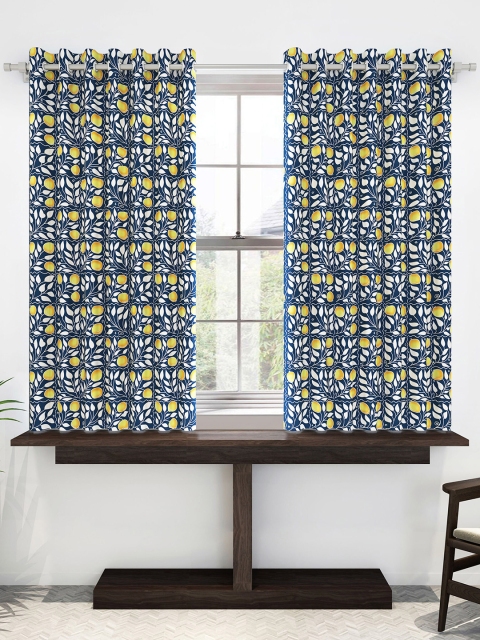 

Divine Casa Navy Blue & White Set of 2 Floral Sheer Window Curtains