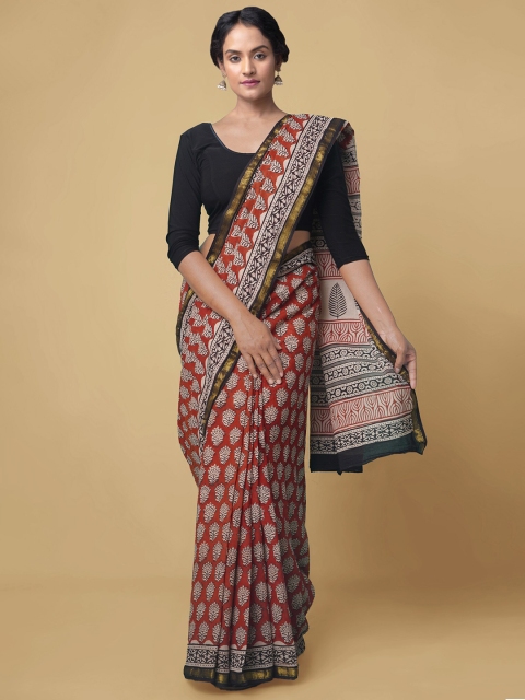 

Unnati Silks Red & Beige Ethnic Motifs Zari Pure Cotton Bagru Handloom Saree