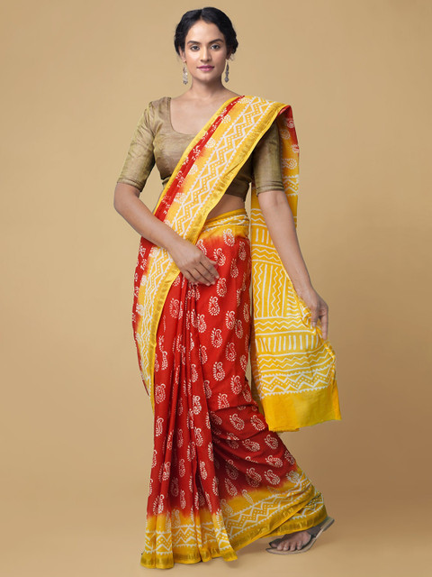 

Unnati Silks Red & Yellow Ethnic Motifs Hand Block Printed Handloom Pure Cotton Dabu Saree