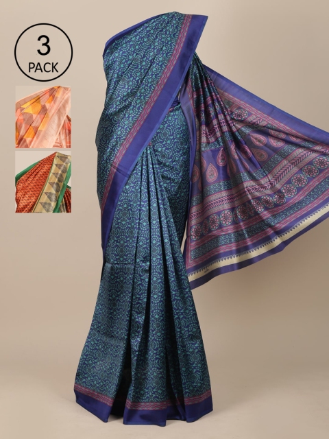 

Pothys Pack Of 3 Blue & Orange Ethnic Motifs Jute Silk Saree
