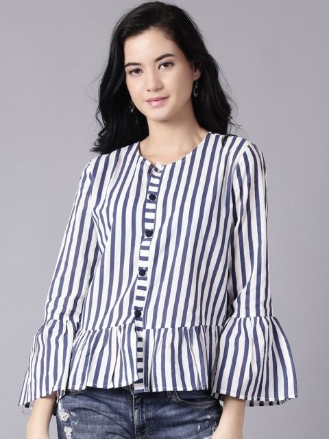 AASI - HOUSE OF NAYO White & Blue Striped Bell Sleeve Regular Top