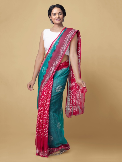 

Unnati Silks Green & Red Batik Pure Cotton Kota Handloom Saree